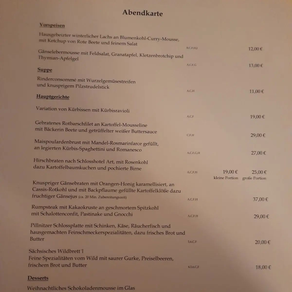 Speisekarte, Kaminrestaurant