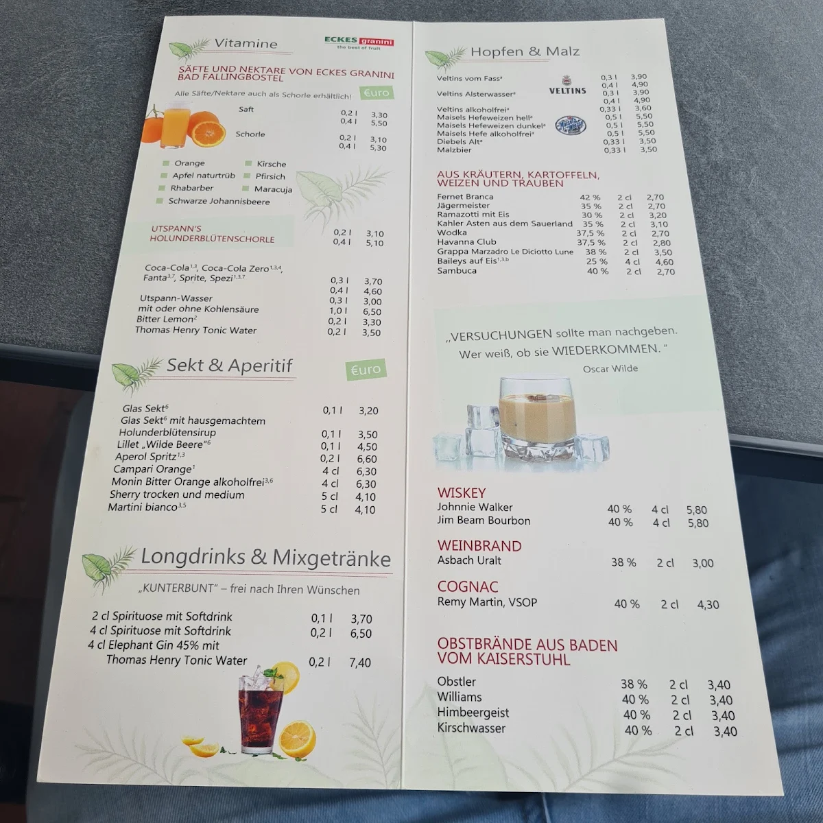 Speisekarte, Restaurant Utspann