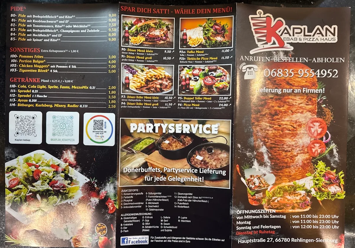 Speisekarte, Kaplan Kebap & Pizza Haus
