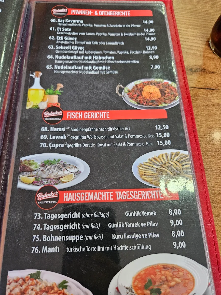 Speisekarte, Bulmker Holzkohlegrill