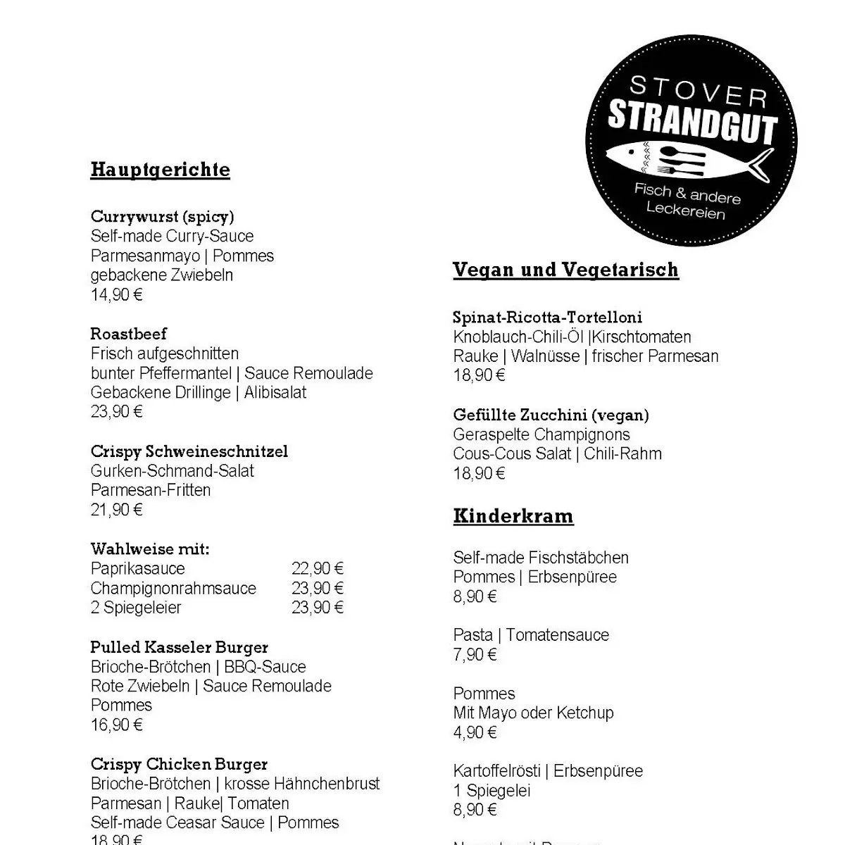 Speisekarte, Stover Strandgut