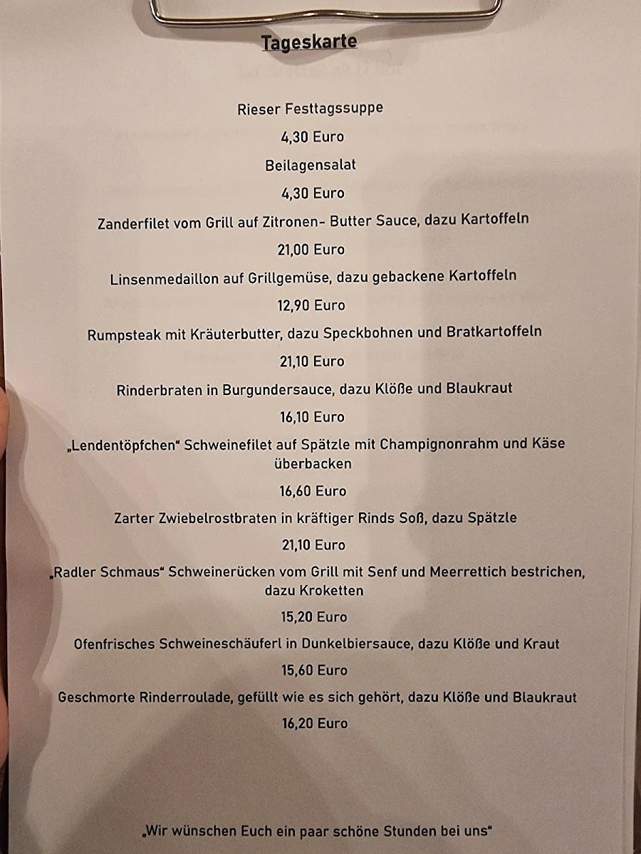 Speisekarte, Gaststätte im Gemeindezentrum Fessenheim