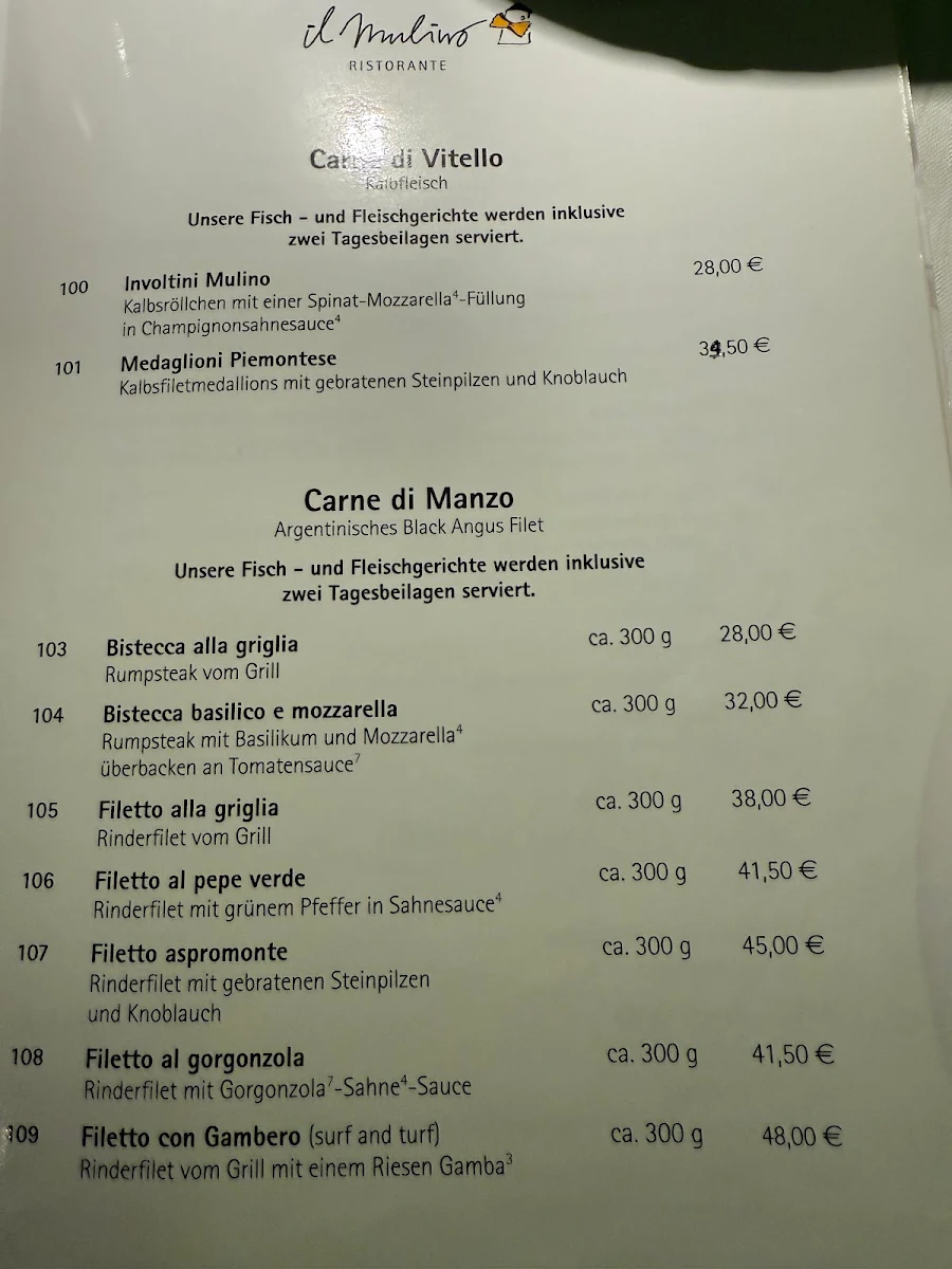 Speisekarte, Restaurant il Mulino