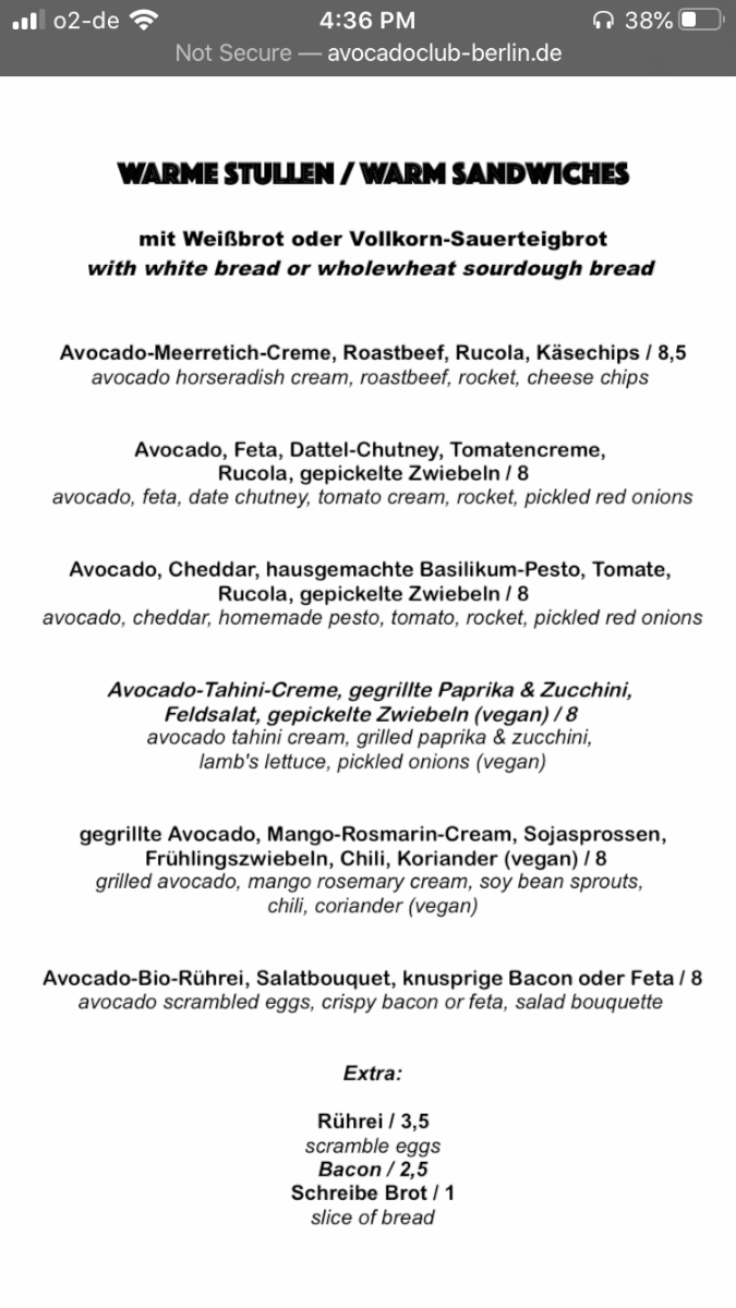 Speisekarte, Avocado Club