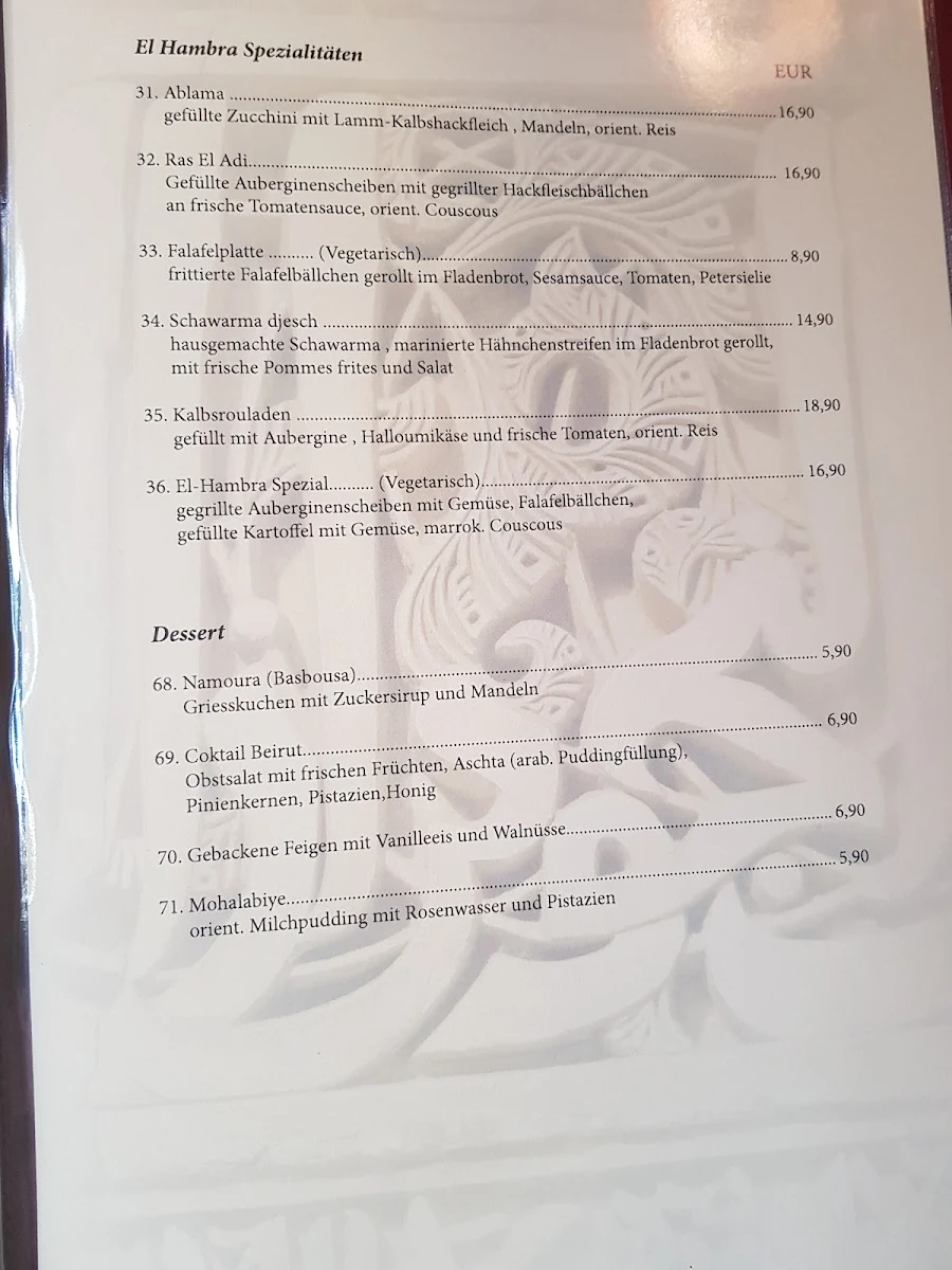 Speisekarte, Cedars (Al Hambra ) libanesische und Mediterrane Küche