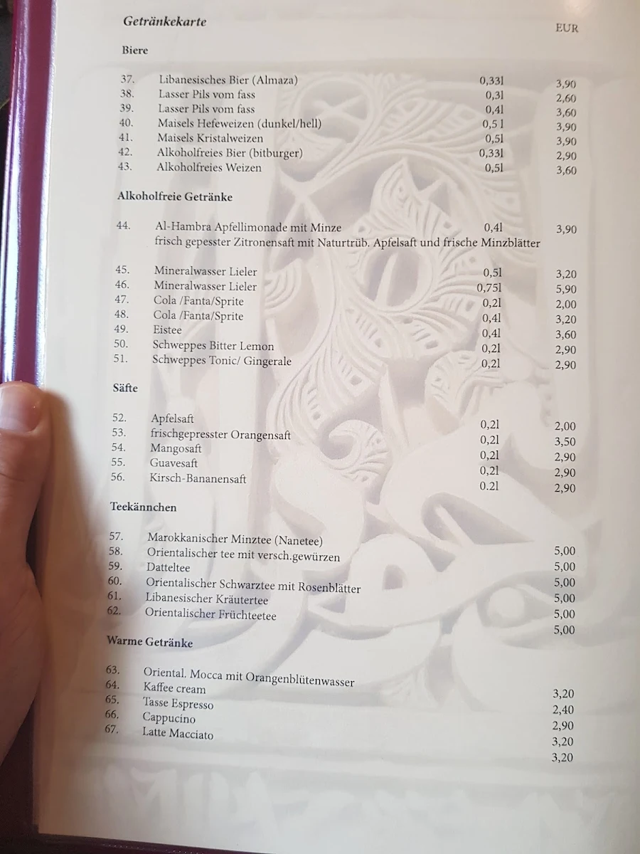 Speisekarte, Cedars (Al Hambra ) libanesische und Mediterrane Küche