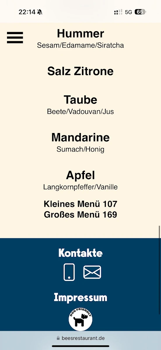 Speisekarte, BEES Restaurant