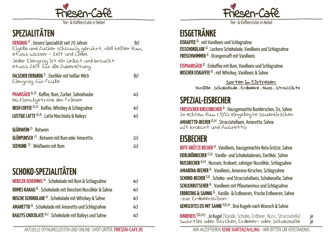 Speisekarte, Friesen-Café
