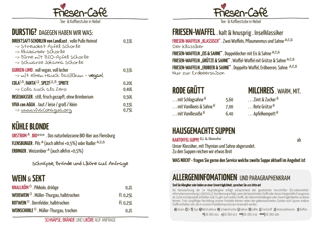 Speisekarte, Friesen-Café