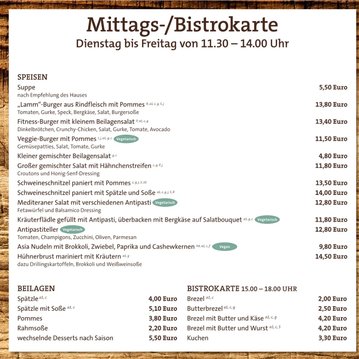 Speisekarte, Gasthaus Lamm