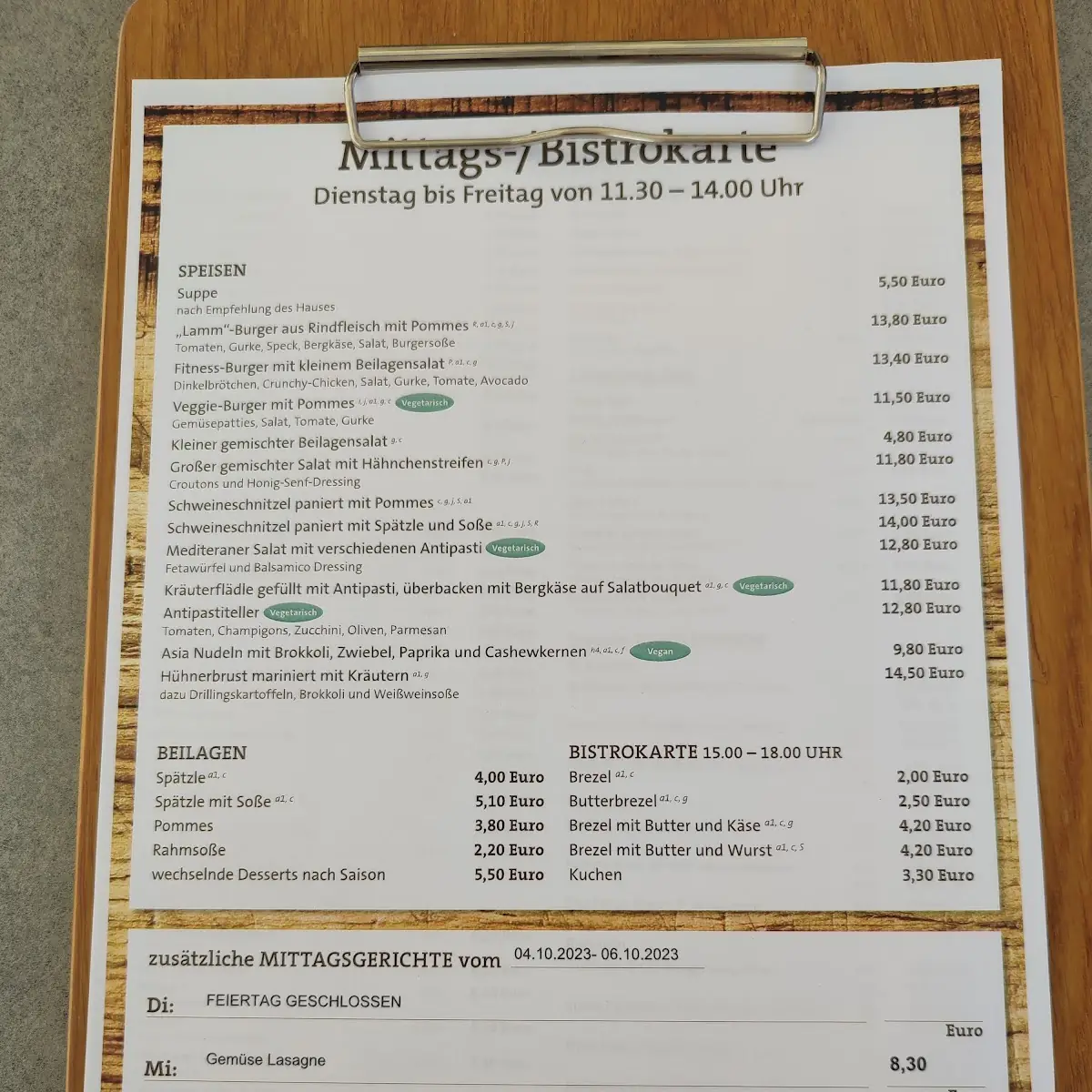 Speisekarte, Gasthaus Lamm
