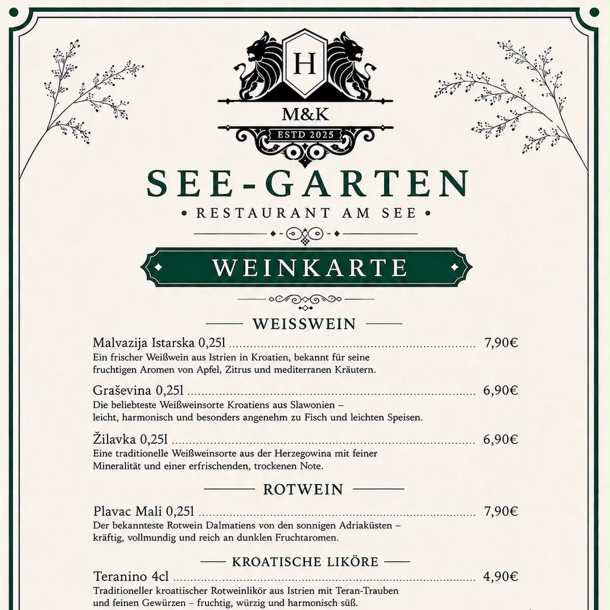 Speisekarte, Restaurant See-Garten