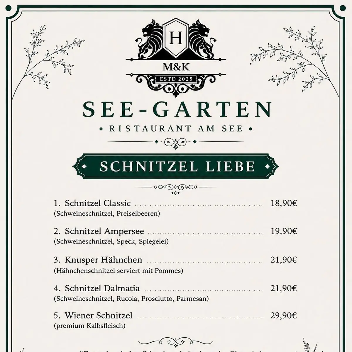 Speisekarte, Restaurant See-Garten