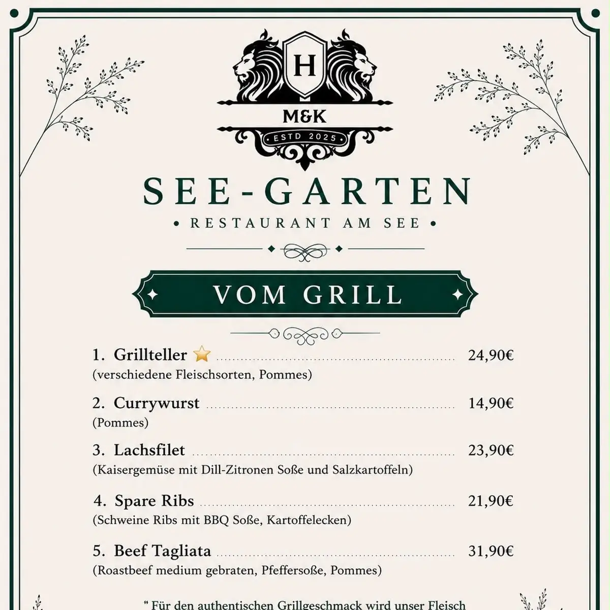 Speisekarte, Restaurant See-Garten
