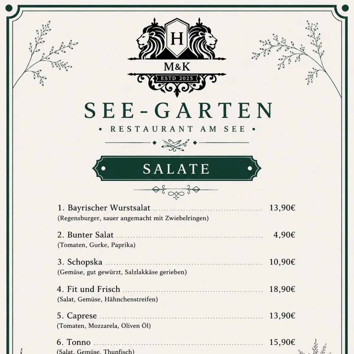 Speisekarte, Restaurant See-Garten