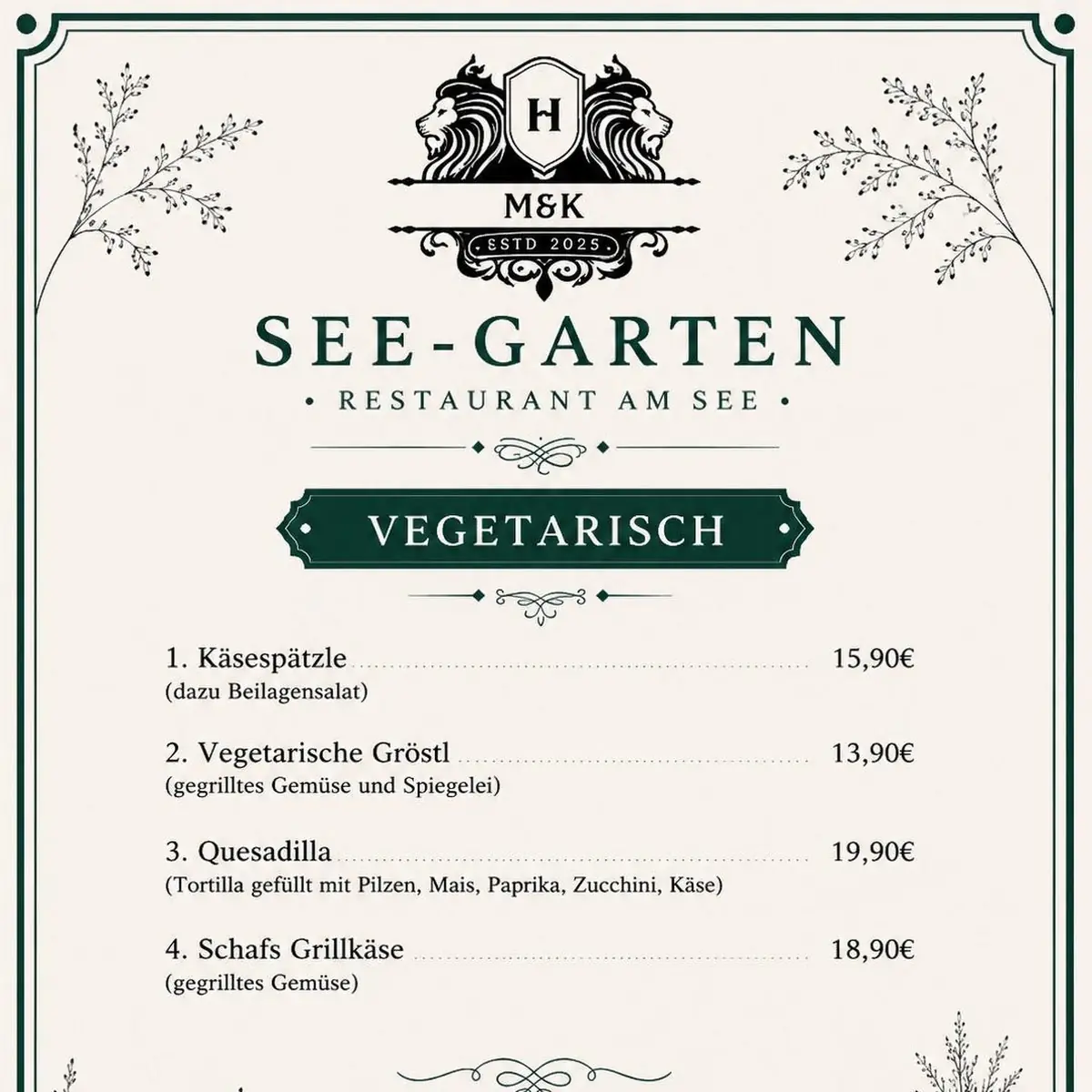 Speisekarte, Restaurant See-Garten