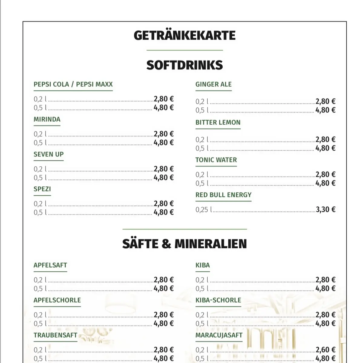 Speisekarte, Restaurant Ahnepark