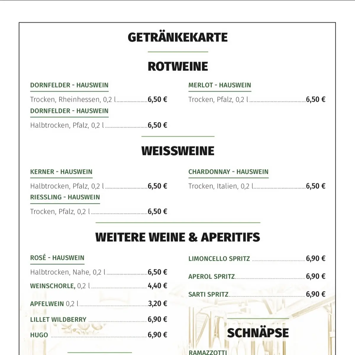 Speisekarte, Restaurant Ahnepark