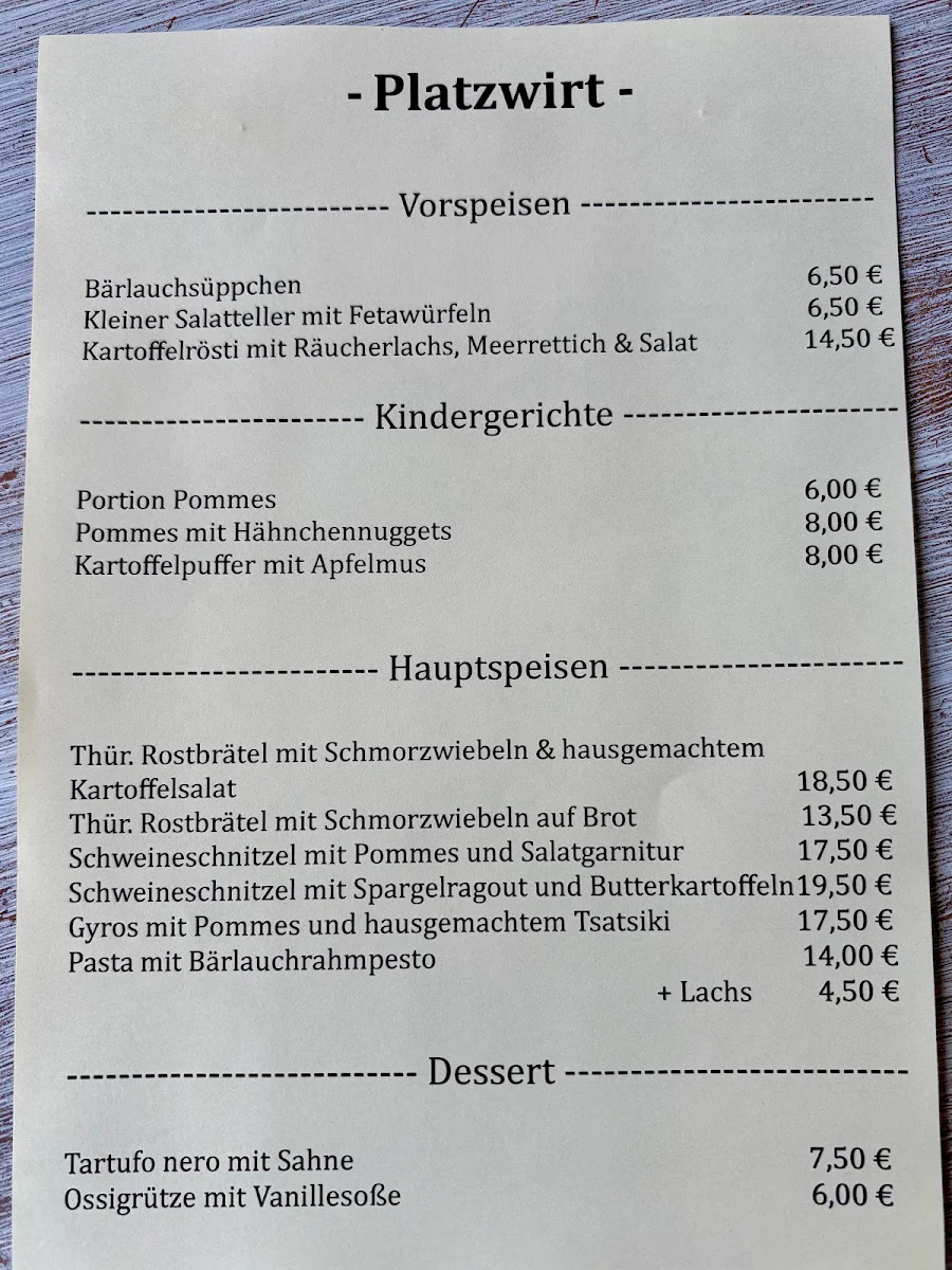 Speisekarte, Campinggaststätte Platzwirt