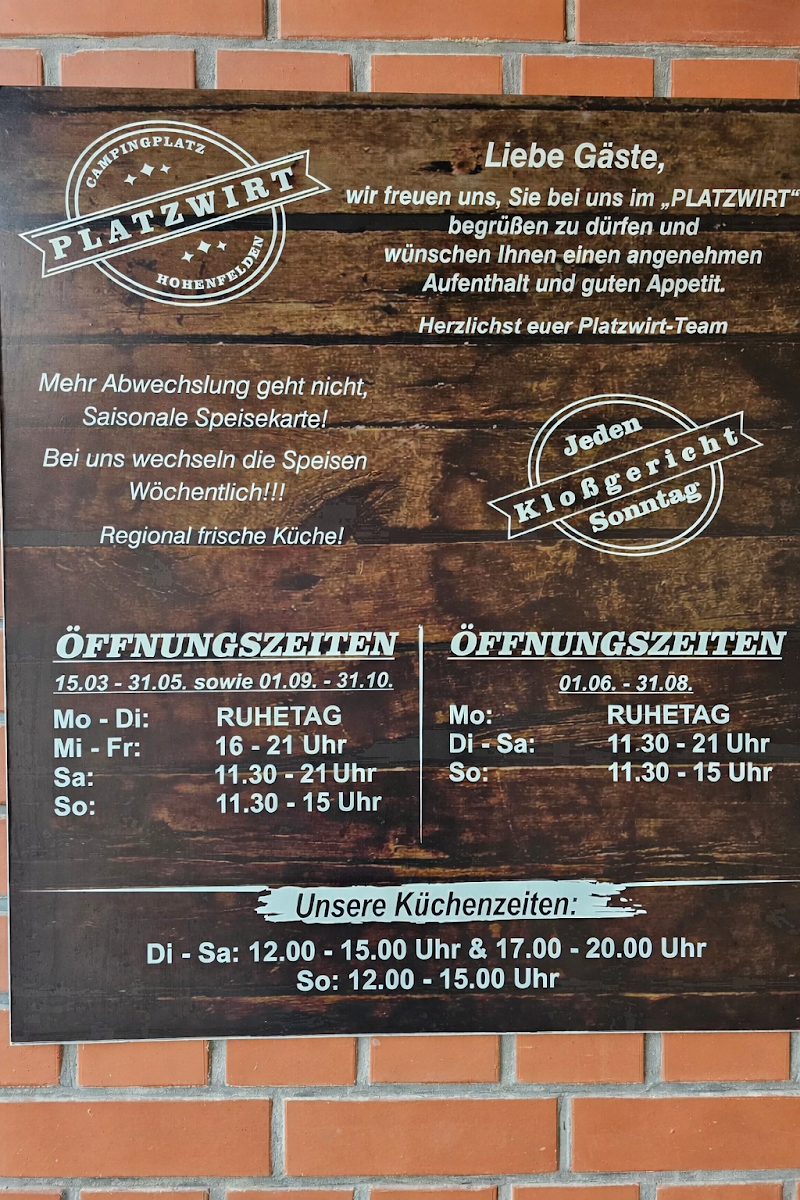 Speisekarte, Campinggaststätte Platzwirt
