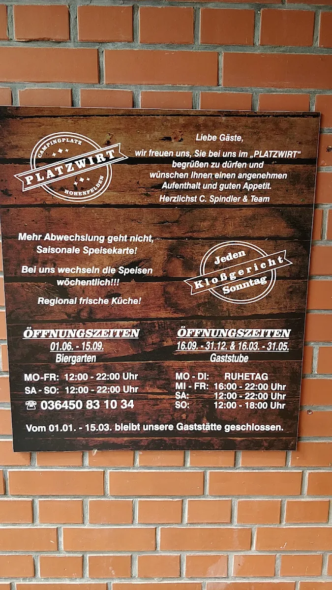 Speisekarte, Campinggaststätte Platzwirt