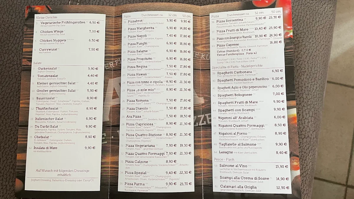 Speisekarte, ARA-Eiscafé und Pizzeria