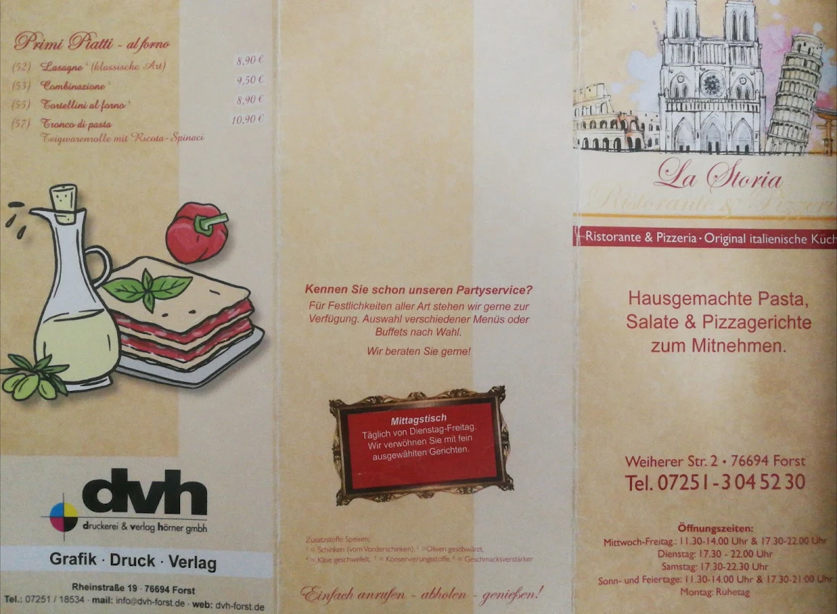 Speisekarte, Restaurant La Storia