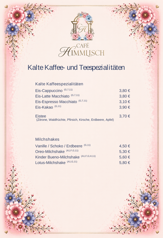 Speisekarte, Café Himmlisch Apolda