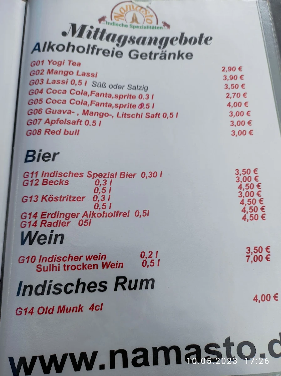 Speisekarte, Namasto - Indische Spezialitäten