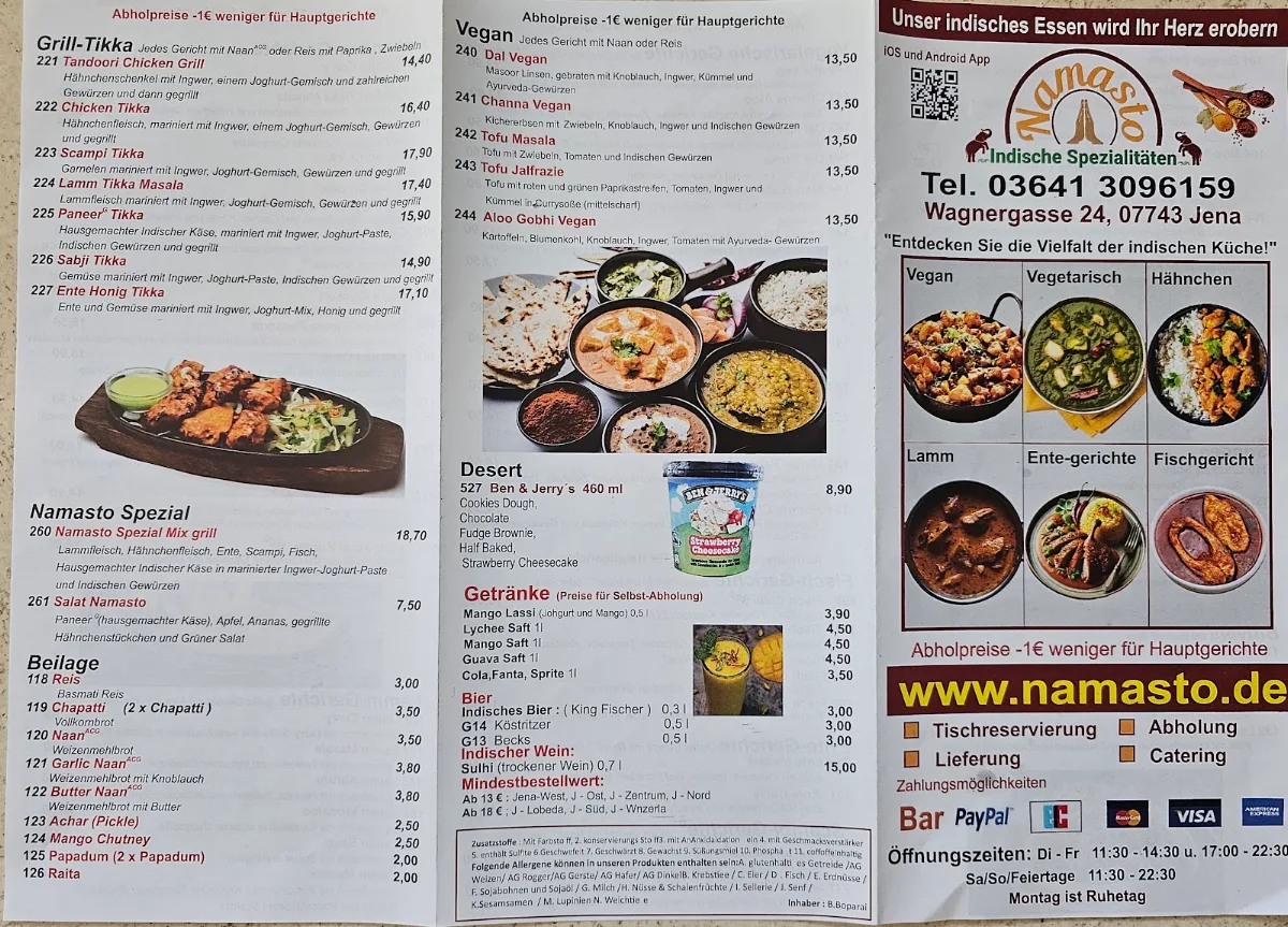 Speisekarte, Namasto - Indische Spezialitäten