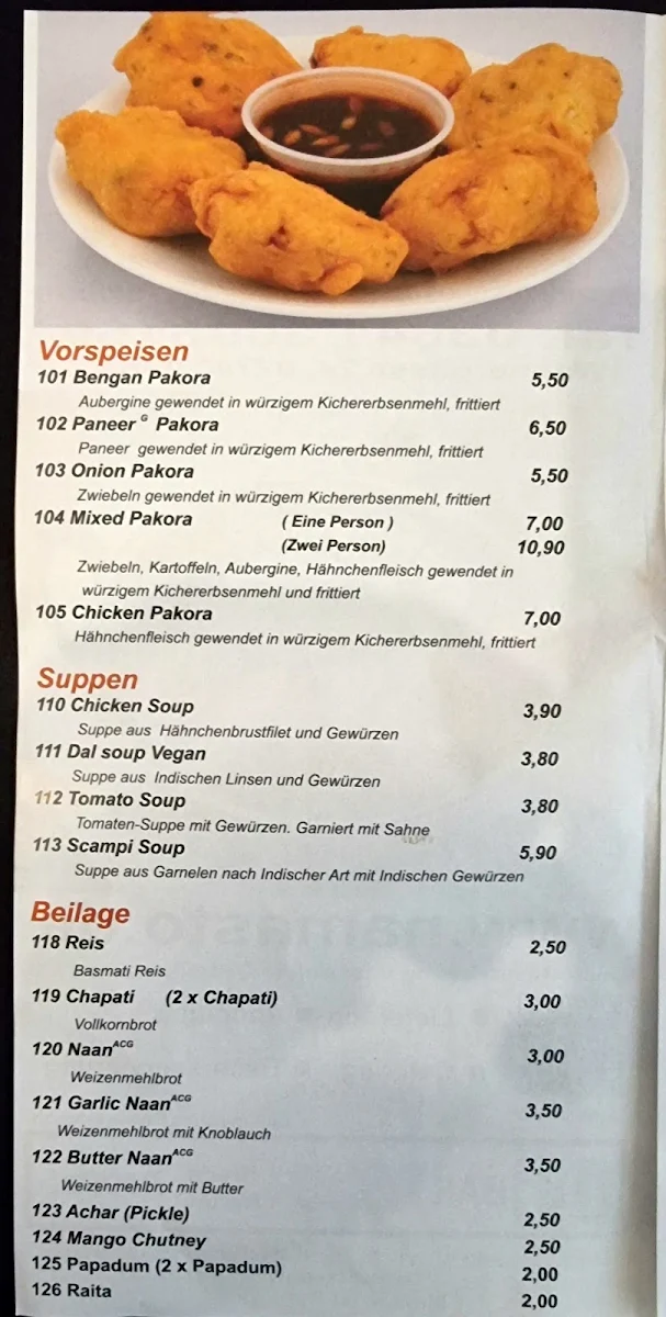 Speisekarte, Namasto - Indische Spezialitäten
