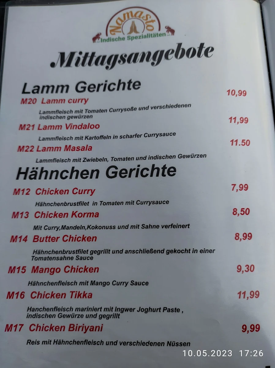 Speisekarte, Namasto - Indische Spezialitäten
