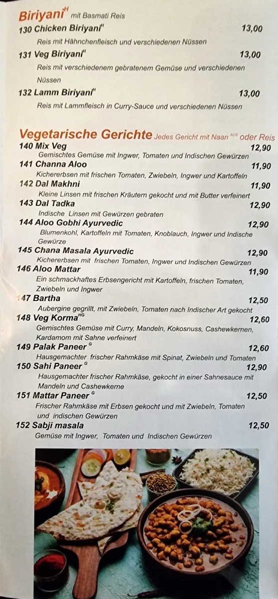 Speisekarte, Namasto - Indische Spezialitäten