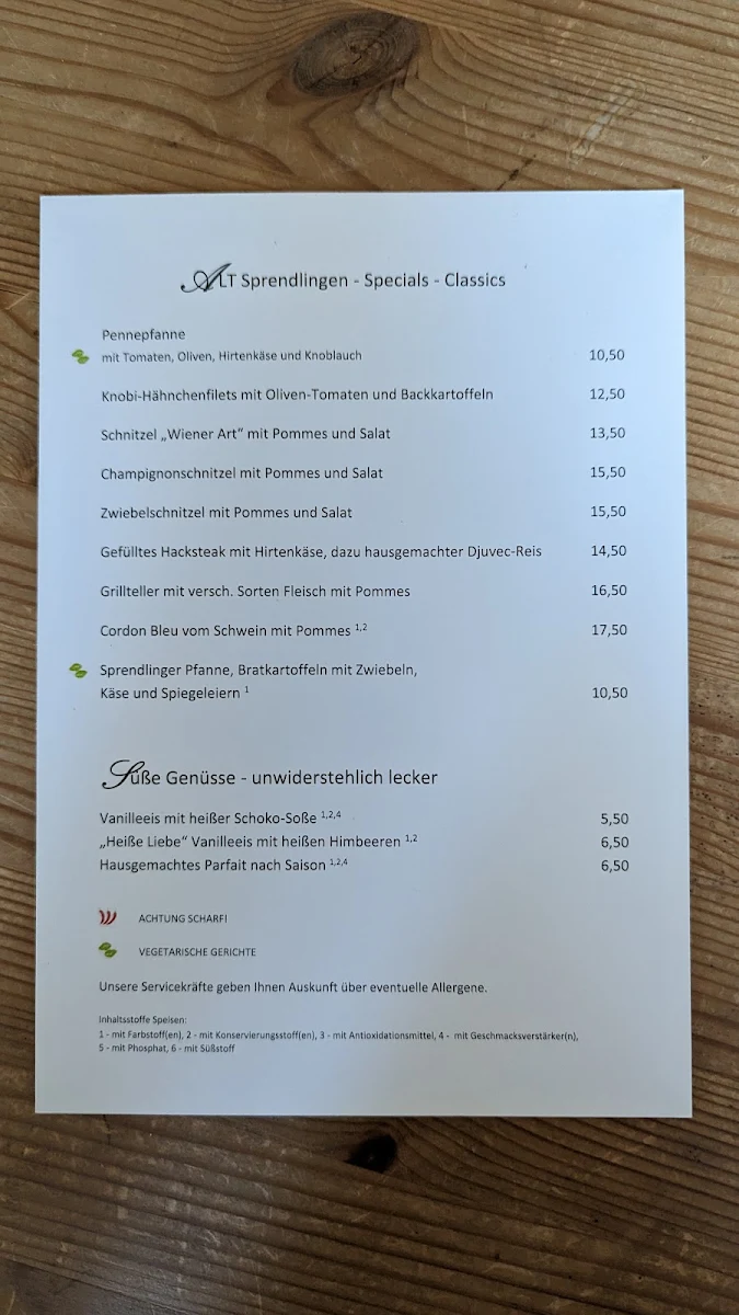 Speisekarte, Alt Sprendlingen in der Fischerklause