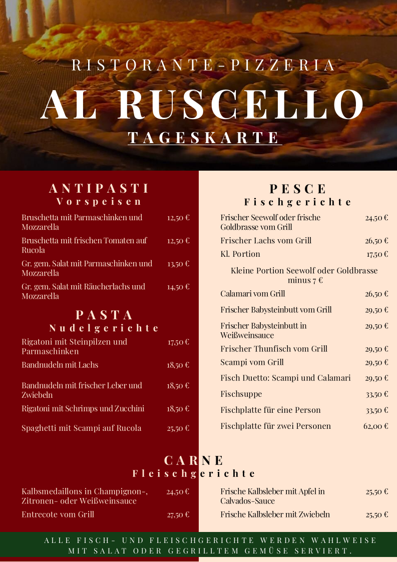 Speisekarte, Al Ruscello GmbH