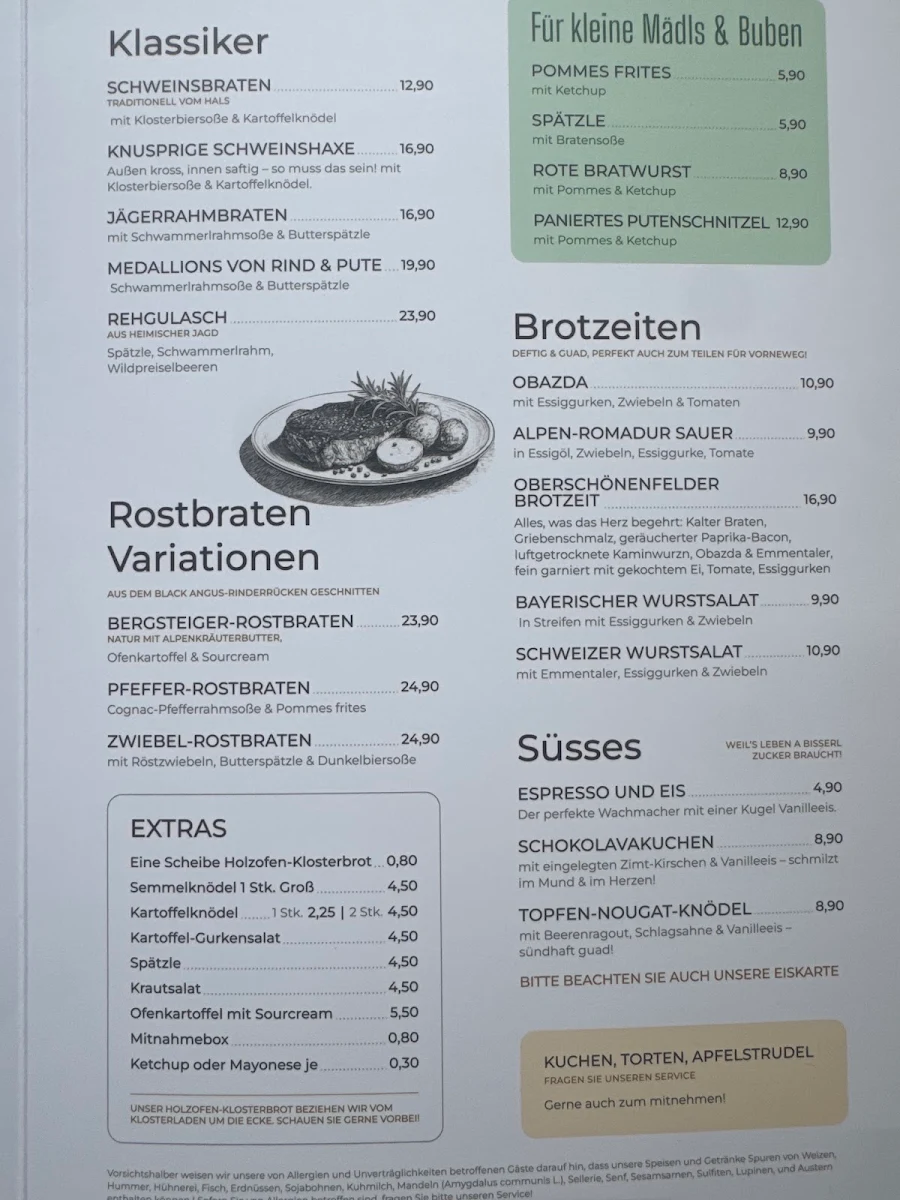 Speisekarte, Restaurant Biergarten Klosterstüble