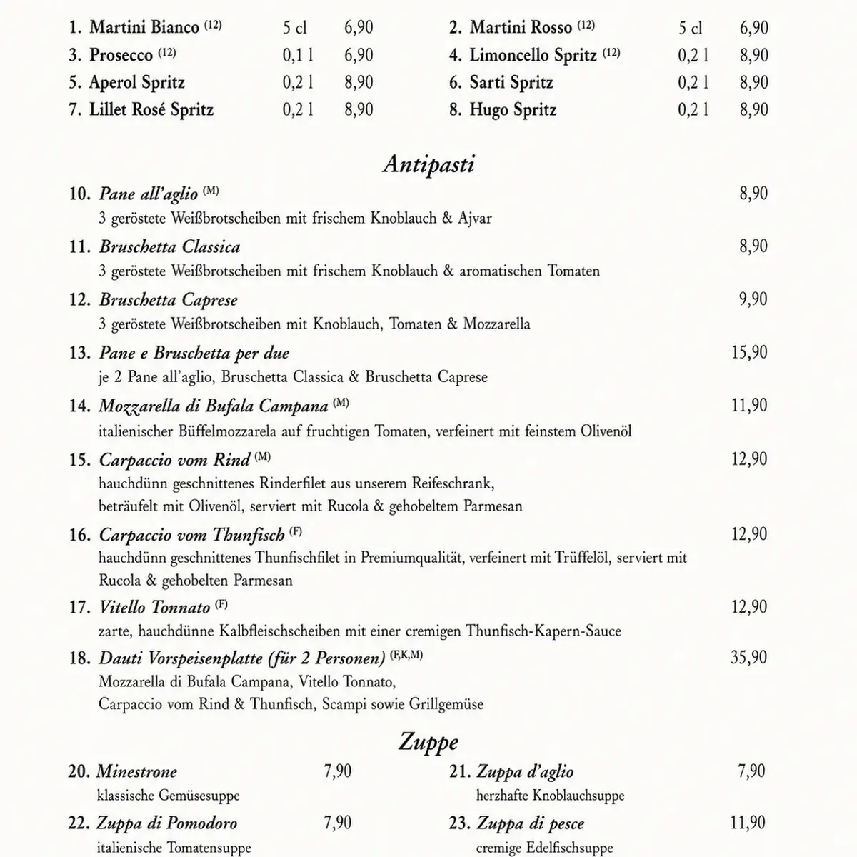 Speisekarte, Trattoria Dauti