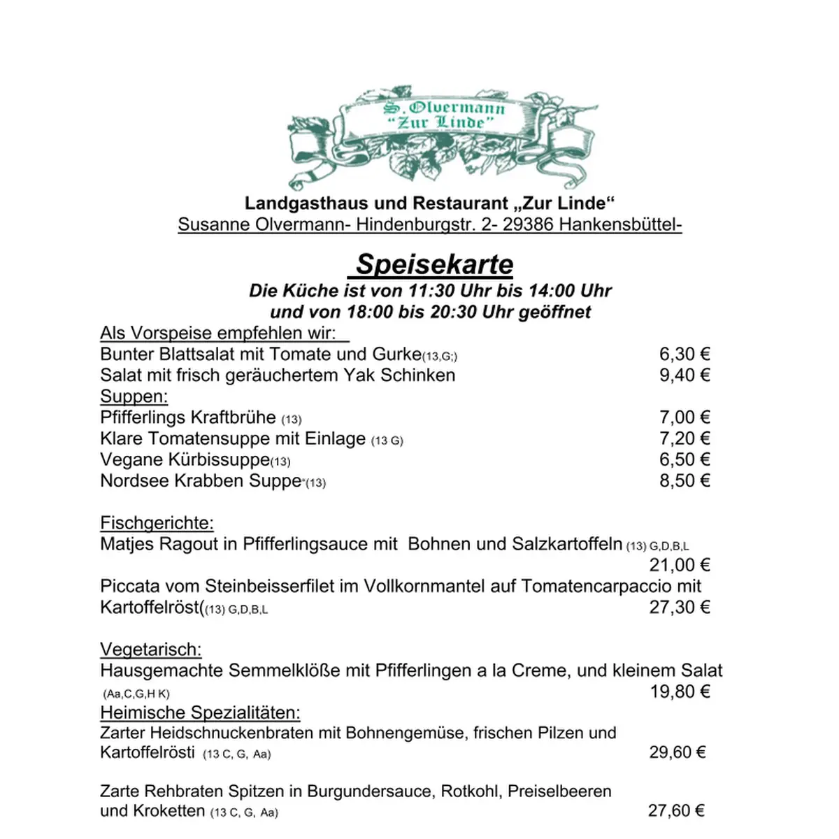 Speisekarte, Hotel & Guest House "Zur Linde"