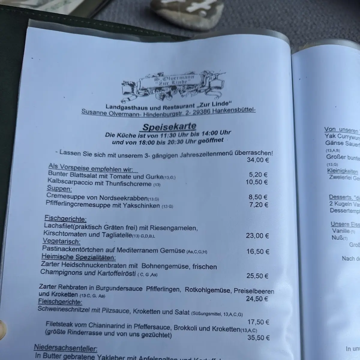 Speisekarte, Hotel & Guest House "Zur Linde"
