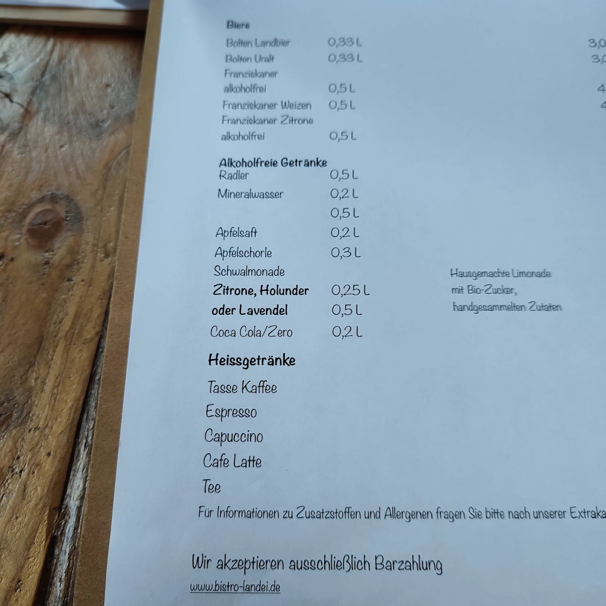 Speisekarte, Bistro Cafe Landei