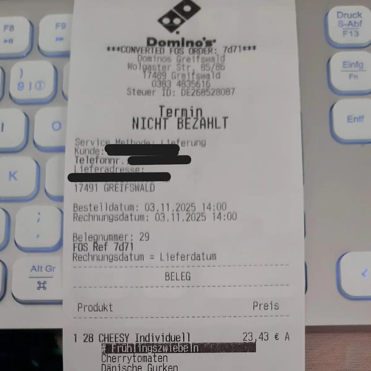 Speisekarte, Domino's Pizza Greifswald