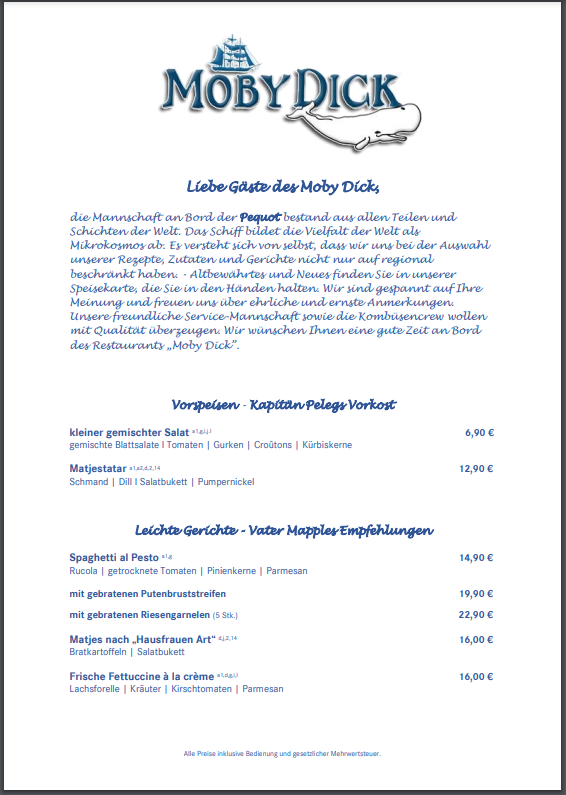 Speisekarte, Restaurant Moby Dick