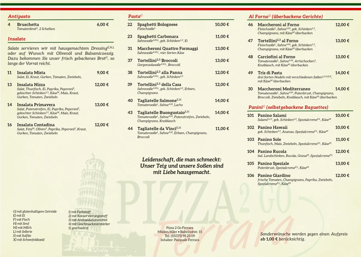 Speisekarte, Pizzeria Ferrara
