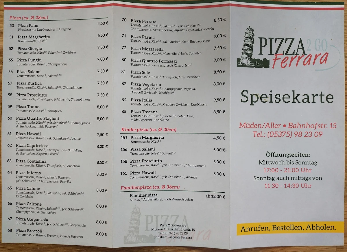 Speisekarte, Pizzeria Ferrara