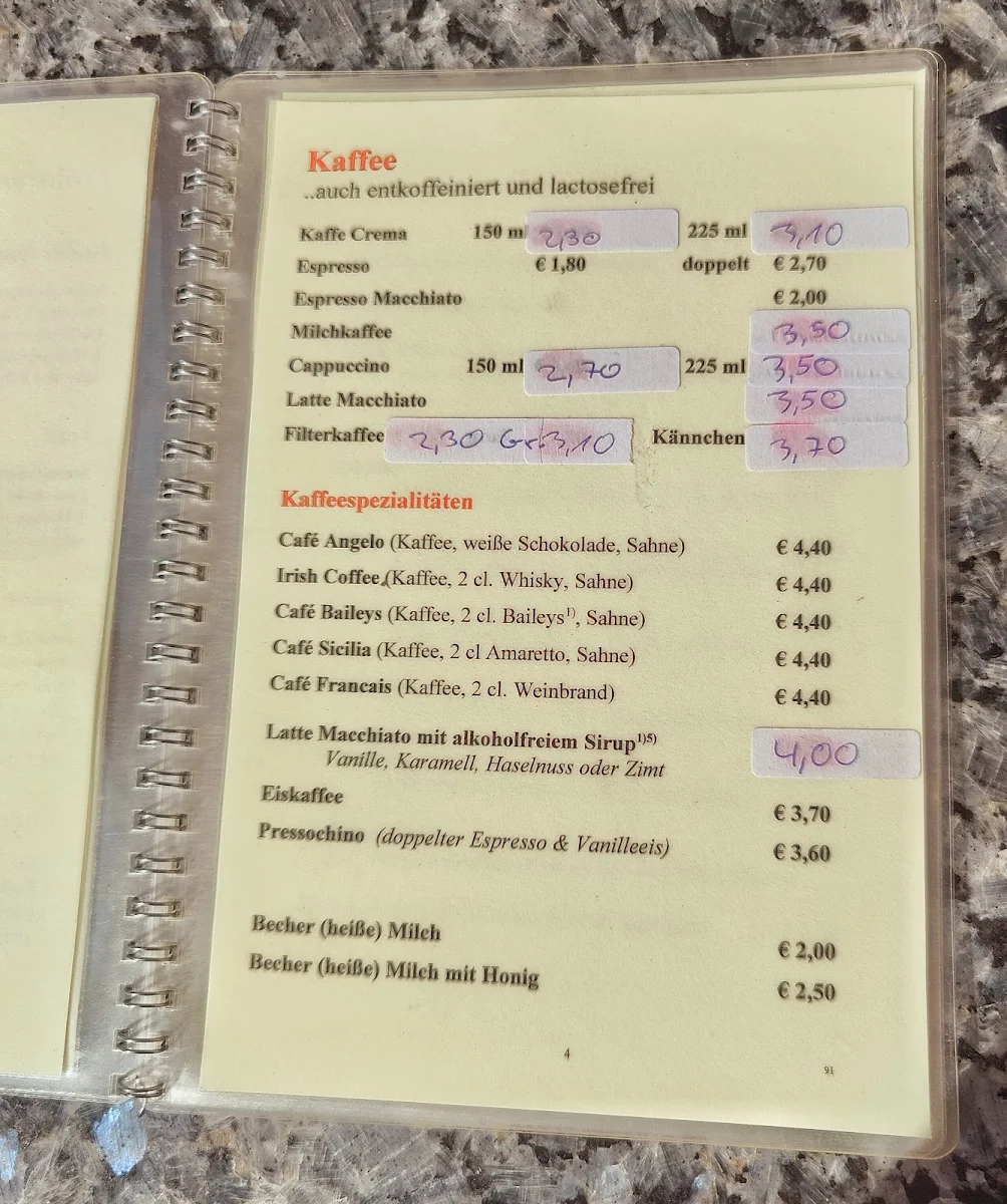 Speisekarte, Café Klatsch