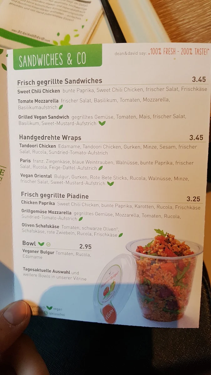 Speisekarte, dean&david | Bowls, Salate, Curries & Snacks in den Höfen am Brühl, Leipzig