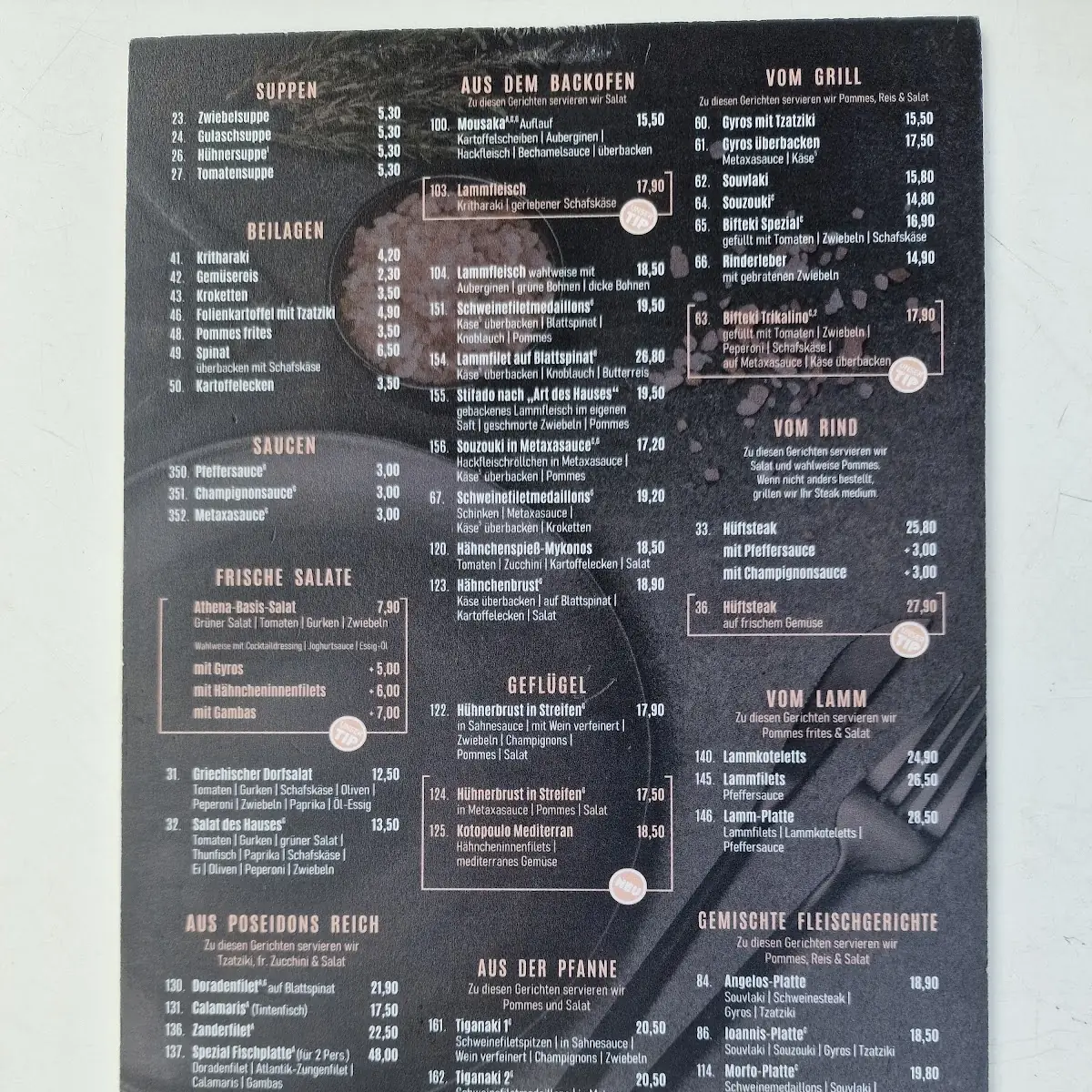 Speisekarte, Restaurant Athena