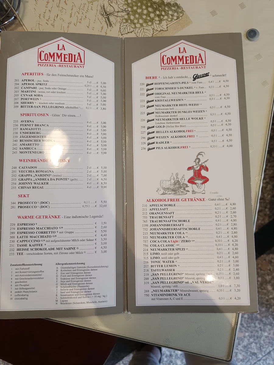 Speisekarte, La Commedia Pizzeria Restaurant