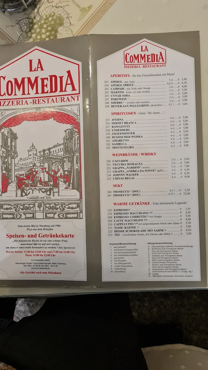 Speisekarte, La Commedia Pizzeria Restaurant