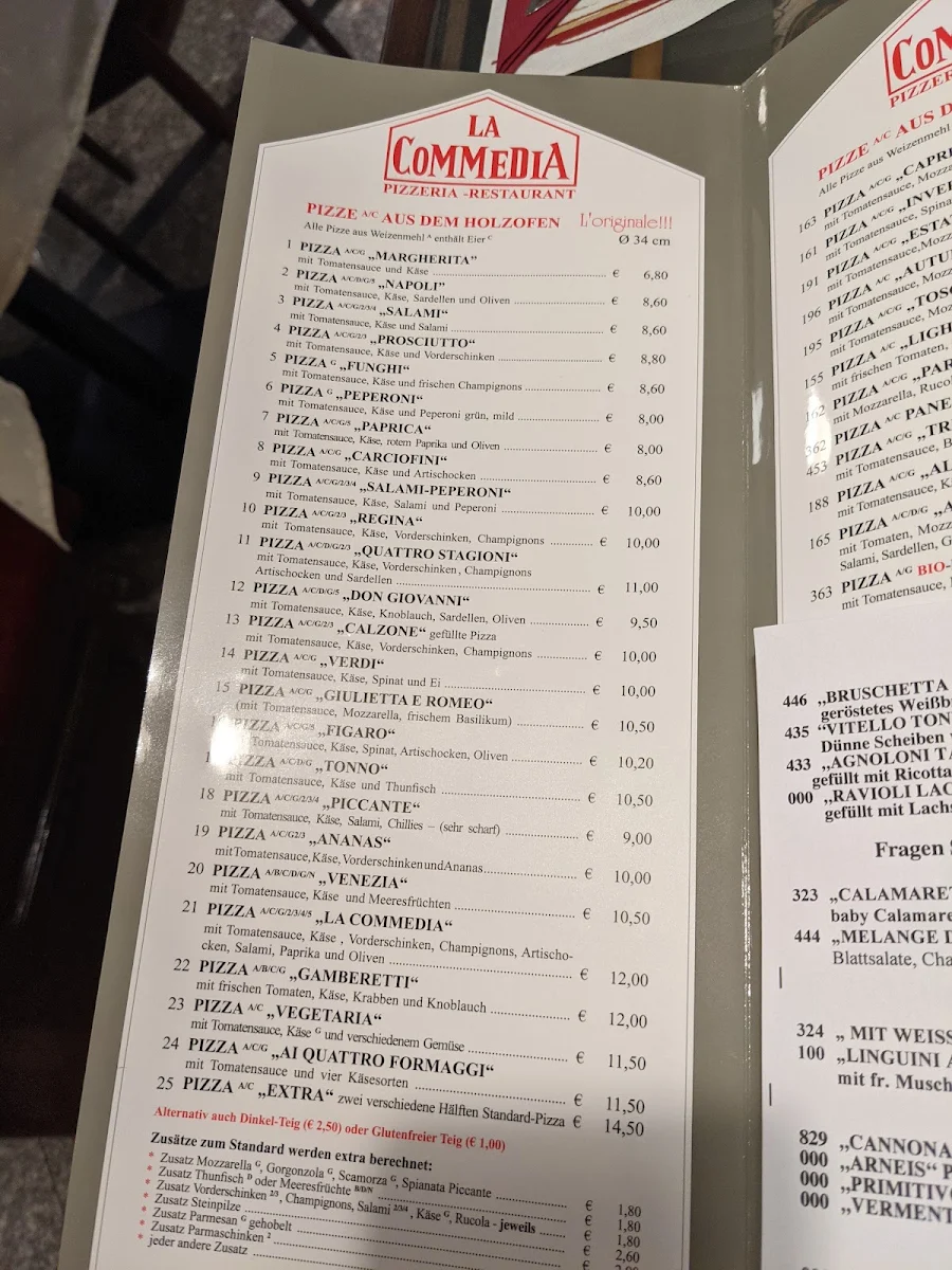 Speisekarte, La Commedia Pizzeria Restaurant